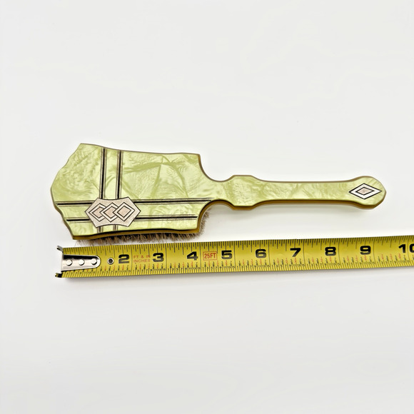 Vintage Art Deco Hand Mirror Brush Set Beveled Celluloid Green Pearlized Lucite - Picture 9 of 12